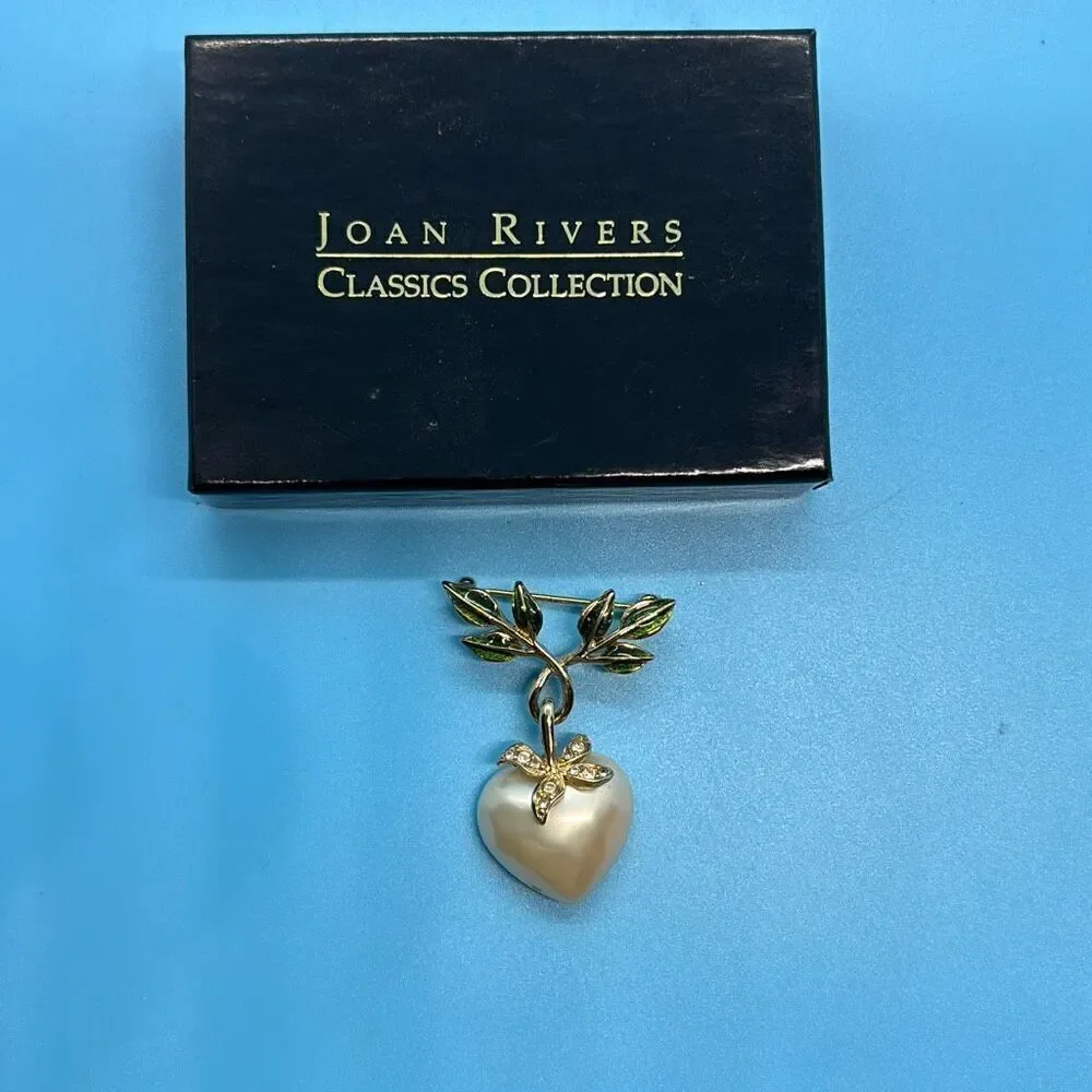 Joan Rivers Faux Pearl Puffy Heart Dangle gold pin brooch